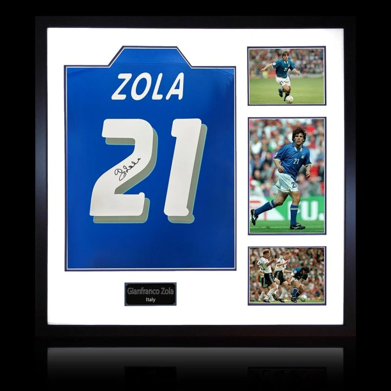 Image of The Fan Cave Gianfranco Zola Signed Italy Shirt Elite Frame Blue unisex 820mm x 82