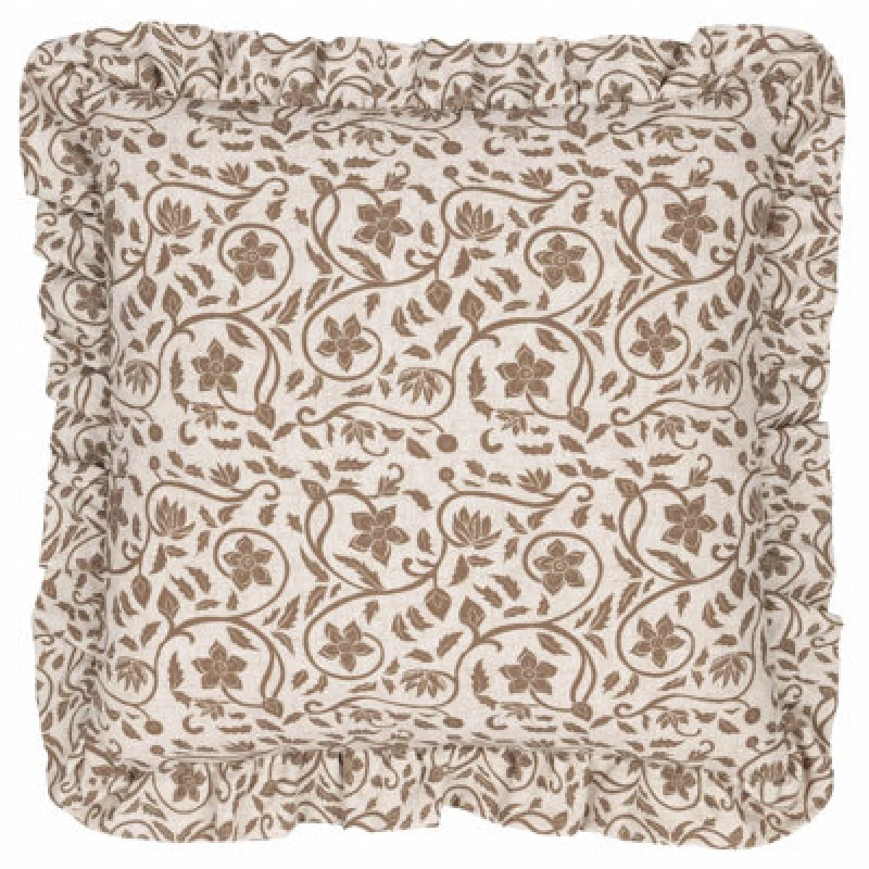 Image of Paoletti Paoletti Seventy Three Linen Filigree Printed Ruffle Cushion in Olive Size: 50cm x 50cm Olive 50cm x 50cm Unisex 5025532822376