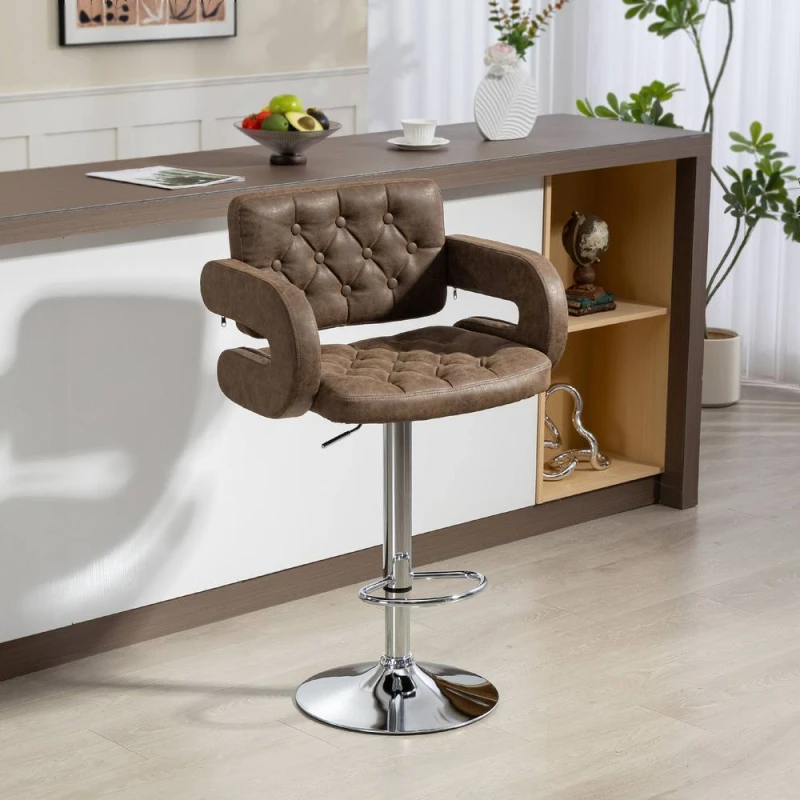 Image of HOMCOM Adjustable Height Barstool Steel Pole PU Leather Bistro in Brown Brown Unisex