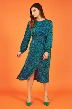 Image of Green Animal Print Long Sleeve Ruched Midi Dress