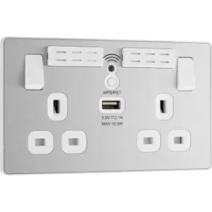 Image of BG Evolve Brushed Steel (White Ins) WiFi Extender Double Switched 13A Power Socket + 1X USB (2.1A) in Silver