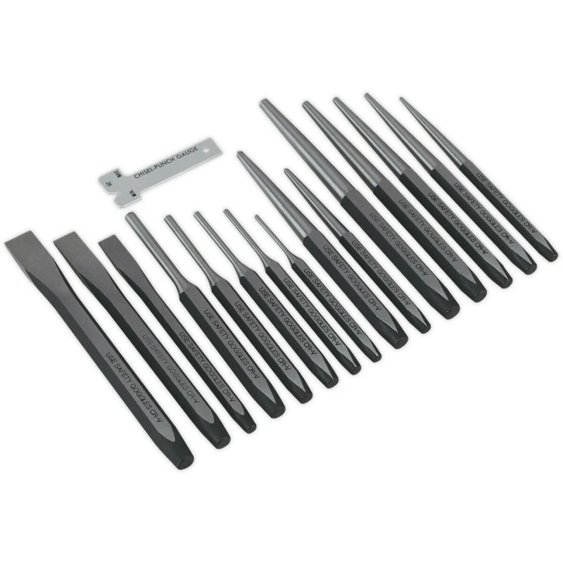 Image of Loops 16 Piece Steel Punch & Chisel Set - Hardened & Tempered - Sharpening Gauge Metallics