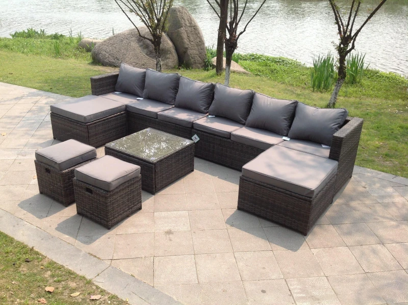 Image of Fimous Lounge Couch Rattan Corner Sofa Set Coffee Table Stools Garden Furniture Outdoor Light Grey