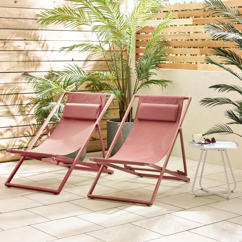 Image of FurnitureboxUK FurnitureboxUK 2x Corsica Metal and Textilene Outdoor Deckchairs with Headrest in Dusty Pink Dusty Pink One Size Unisex 5056784305447