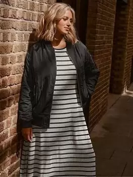 Image of Yours Rib Swing Stripe Dress Short Sleeve Grey, Size 30-32, Women