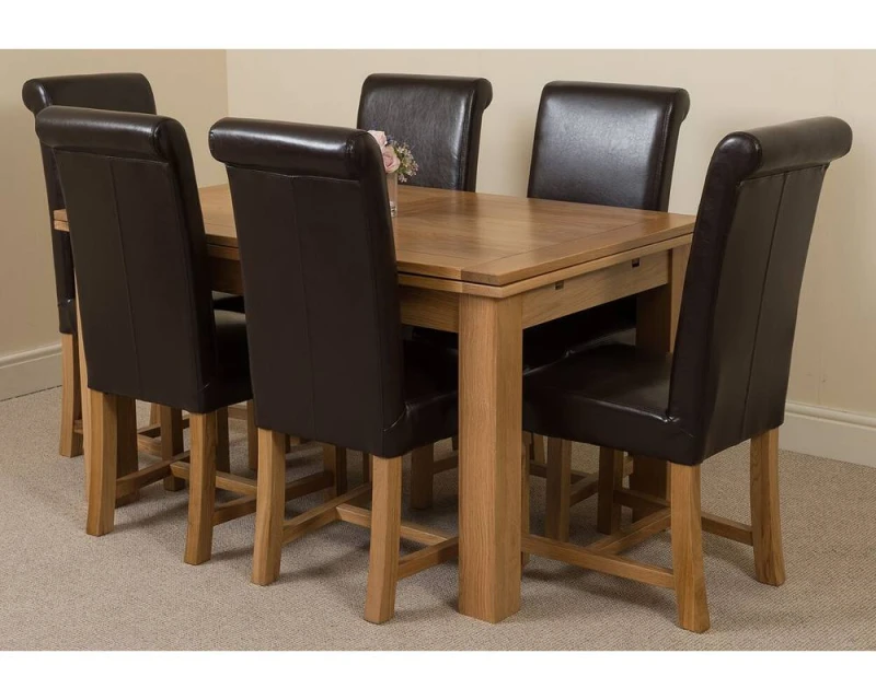 Image of Thats Furniture Richmond 140-220cm Oak Extending Dining Table + 6 Washington Leather Chairs in Brown Brown Unisex