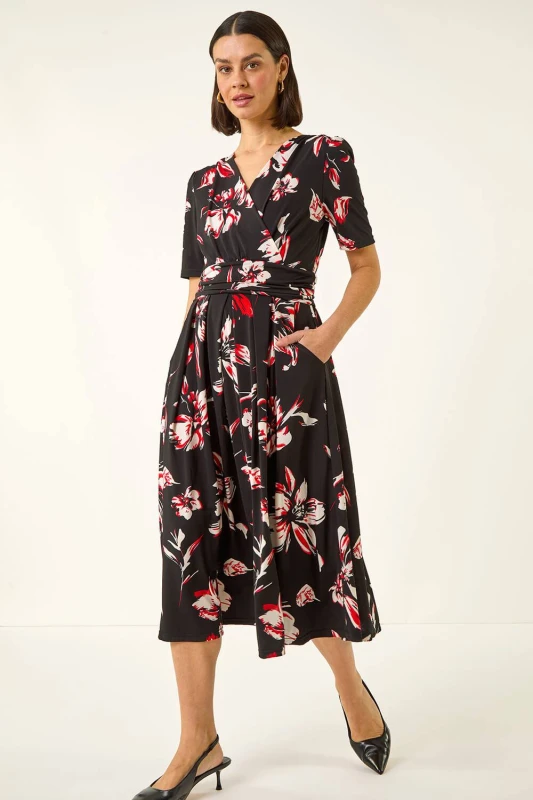 Image of Roman Womens Floral Wrap Midi Dress in Black Size: 10 Black Female 10