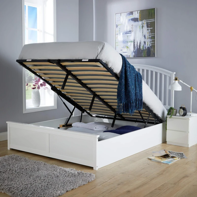 Image of HOME SOURCE White King Ottoman Bed Frame with Storage Space Upholstered Fabric Modern Style BEDMADOTK