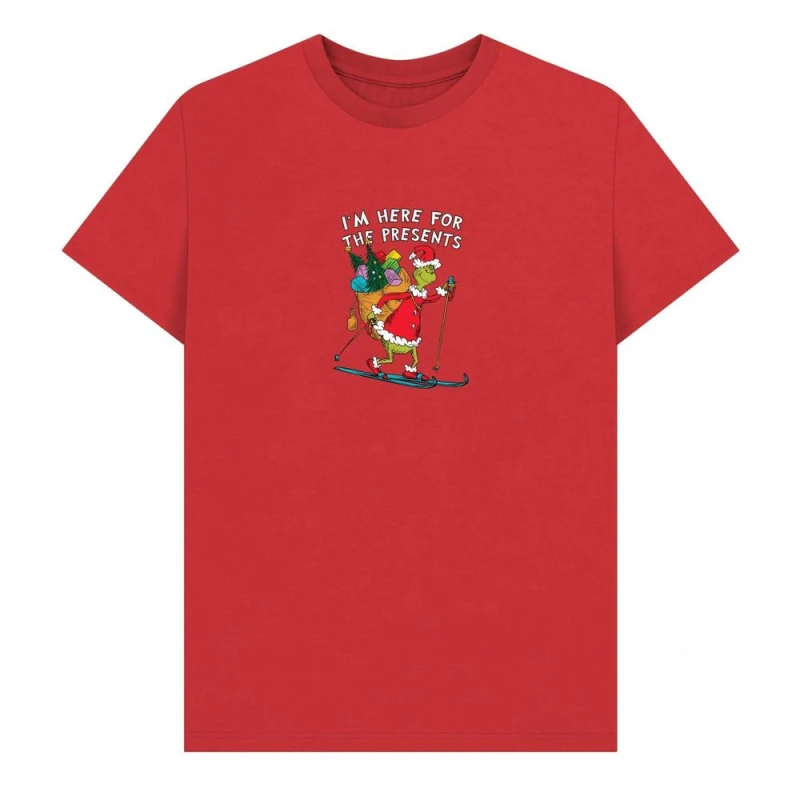 Image of The Grinch Mens I'm Here For The Presents T-Shirt in Red Size: Small Red Male S
