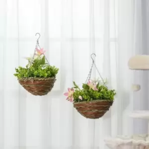 Image of Set Of 2 Artificial Clematis Flowers In Wicker Hanging Baskets