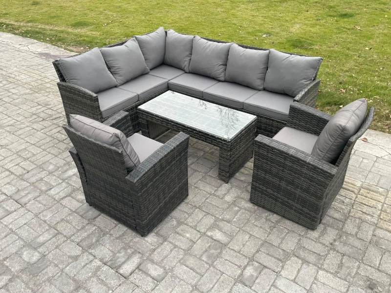 Image of Fimous 8 Seater Outdoor Rattan Garden Furniture Set Corner Sofa Oblong Coffee Table Sets with Patio 2 Armchairs Dark Grey Mixed Dark Grey Unisex
