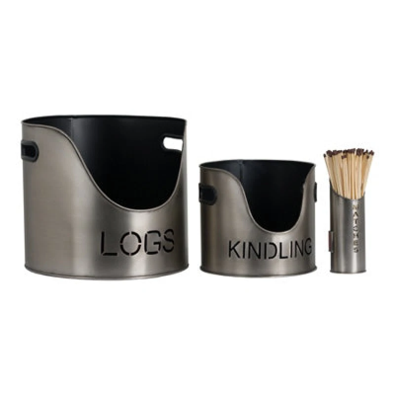 Image of Pewter Finish Logs And Kindling Buckets & Matchstick Holder