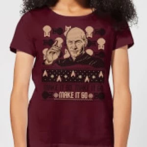 Image of Star Trek: The Next Generation Make It So Christams Womens Christmas T-Shirt - Burgundy - M