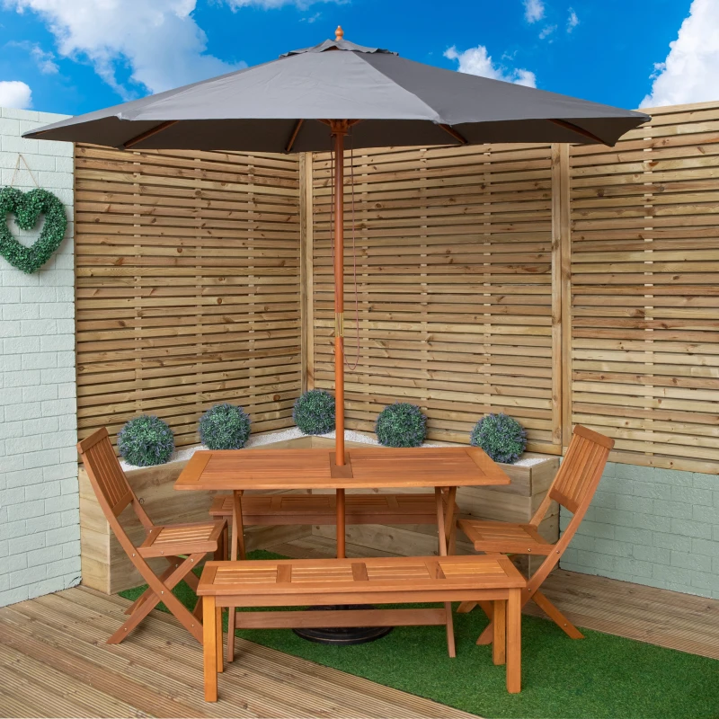 Image of Outdoor 6 Person Rectangular Wooden Garden Dining Table, 2 Benches, Chairs with Grey Parasol and Base Set