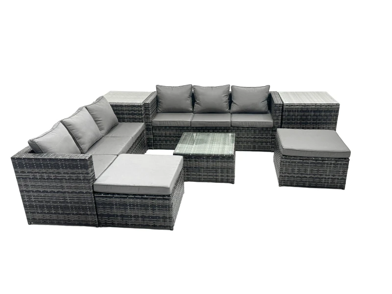 Image of Fimous 8 Seater Patio Lounge Sofa Set with 2 Side Tables 2 Big Footstools in Dark Grey Dark Grey Unisex