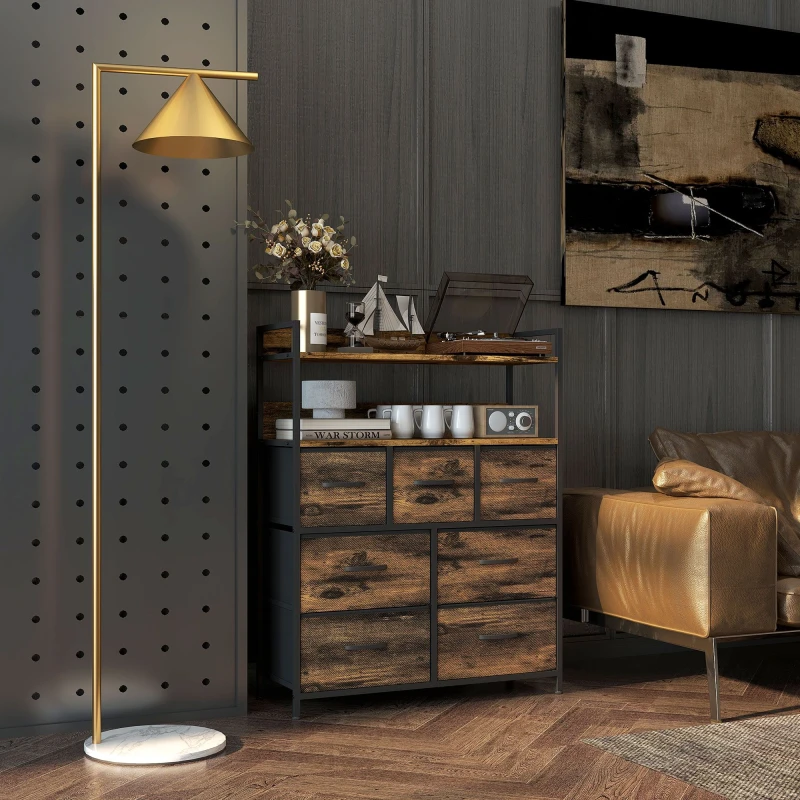 Image of HOMCOM HOMCOM Chest of Drawers Fabric Drawer Dresser with Open Shelves, Wood Effect in Brown Brown One Size Unisex 5056725542382