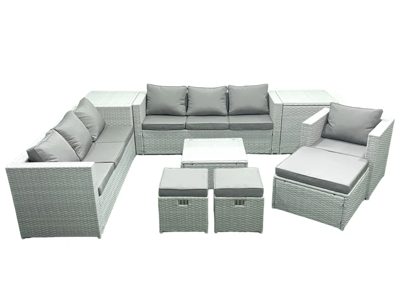 Image of Fimous Wicker PE Rattan Sofa Garden Furniture Set with Armchair Square Coffee Table 3 Footstools 2 Side Tables Light Grey Mixed Light Grey