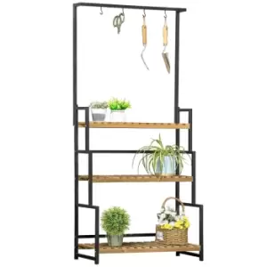 Image of Outsunny 3 Tiered Plant Stand with Hanging Hooks, Flower Rack Shelf for Indoor Outdoor Porch Balcony Living Room Bedroom