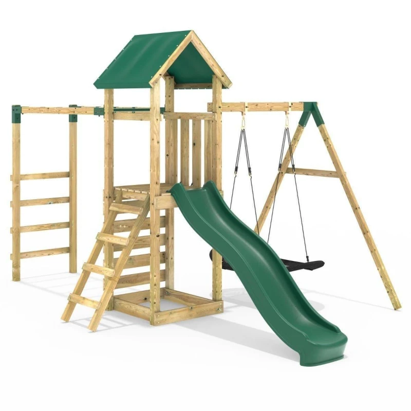 Image of Rebo Wooden Climbing Frame with Single Swing, Monkey Bars and Slide - Cook Green Green