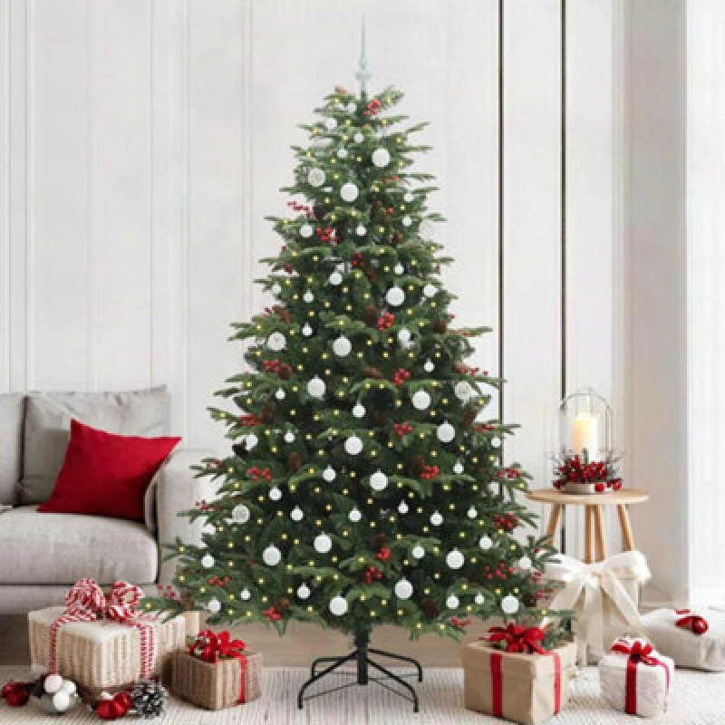 Image of vidaXL Artificial Christmas Tree with LED Strip Lights, White Balls Green 210 cm, Green 3395562