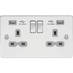 Image of Knightsbridge - 13A 2G Switched Socket with dual usb charger a + a (2.4A) - Polished chrome with grey insert 230V IP20