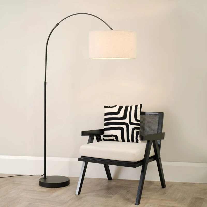 Image of ValueLights Louis Black Arched Curved Floor Lamp with Boucle Drum Lamp Shade and LED Bulb Cream