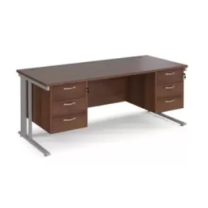 Image of Office Desk Rectangular Desk 1800mm With Double Pedestal Walnut Top With Silver Frame 800mm Depth Maestro 25 MCM18P33SW