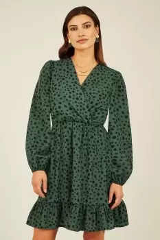 Image of Green Dalmatian Print Long Sleeve Wrap Over Midi Dress
