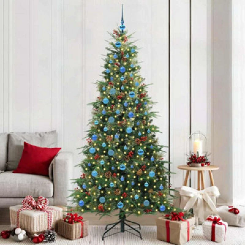 Image of vidaXL Artificial Hinged Christmas Tree with Blue Balls Green 210cm PE and PVC, Green 3397439