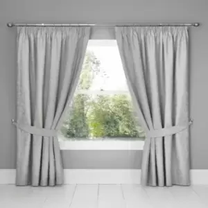 Image of Michaela Floral Jacquard Textured Weave Lined Pencil Pleat Curtains, Silver, 66 x 72" - Dreams&drapes
