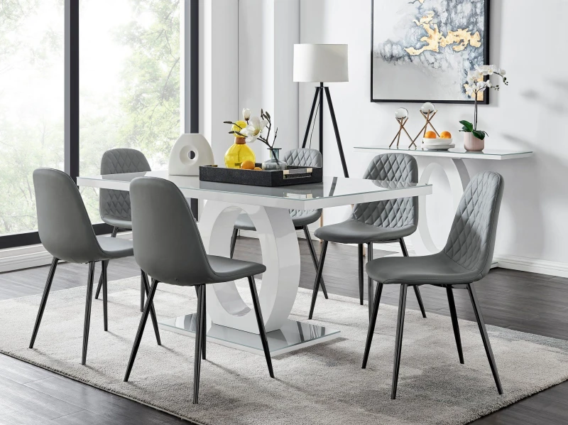 Image of FurnitureboxUK FurnitureboxUK Giovani 6-Seater Grey Glass Dining Table and 6 Corona Faux Leather Dining Chairs Grey One Size Unisex 5056542650857