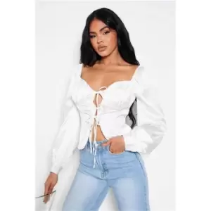 Image of I Saw It First White Satin Tie Front Milkmaid Style Blouse - White