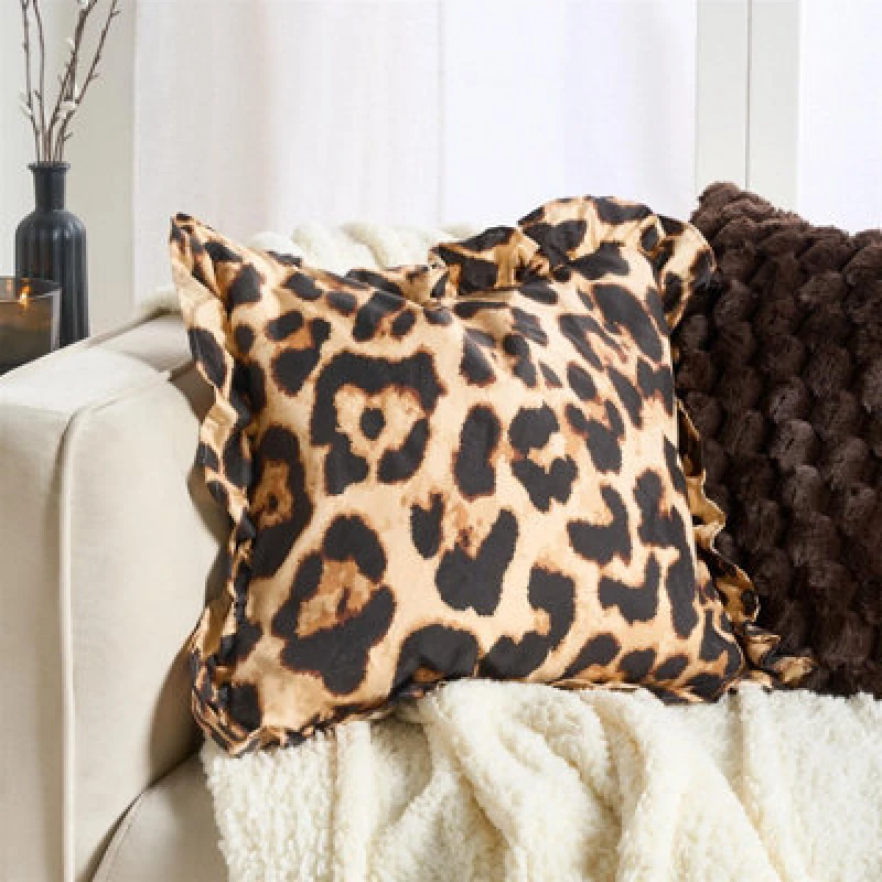 Image of OHS OHS 2 x Leopard Frill Edges Square Cushion Covers in Brown Size: 45cm x 45cm Brown 45cm x 45cm Unisex 5027434226085