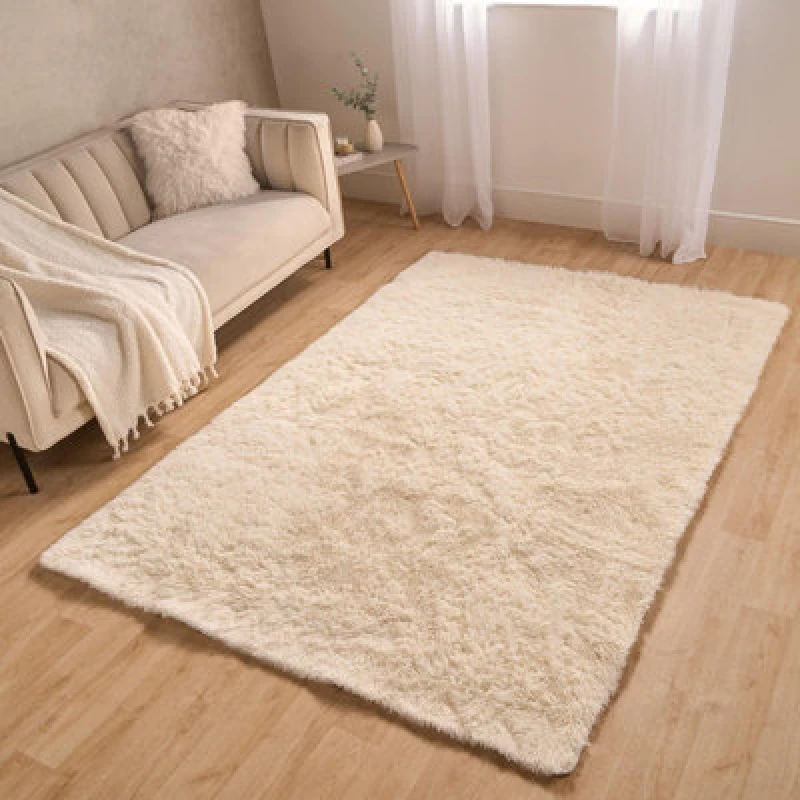 Image of OHS OHS Fluffy Rug Anti Slip Plain Shaggy Floor Mat in Cream Size: 120cm x 170cm Cream 120cm x 170cm Unisex 5027434206537
