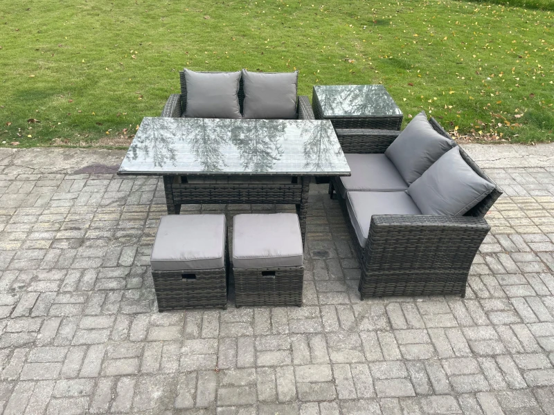 Image of Fimous PE Wicker Rattan Garden Furniture Set Love Sofa Outdoor Rectangular Dining Table 2 Small Footstool Side Table Dark Grey Mixed Dark Grey Unisex