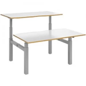 Image of Elev8² Rectangular Sit Stand Back to Back Desk with White & Oak Coloured Melamine Top and Silver Frame 4 Legs Touch 1400 x 1650 x 675 - 1300 mm