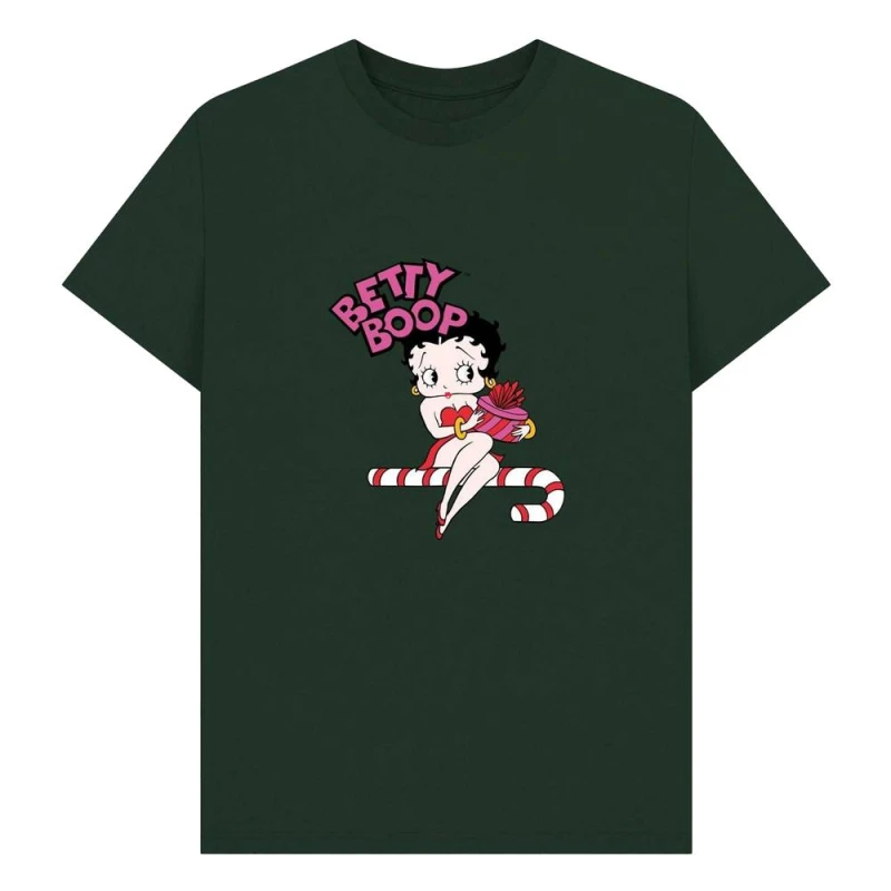 Image of Betty Boop Mens Candy Cane T-Shirt in Bottle Green Size: Small Bottle Green Male S