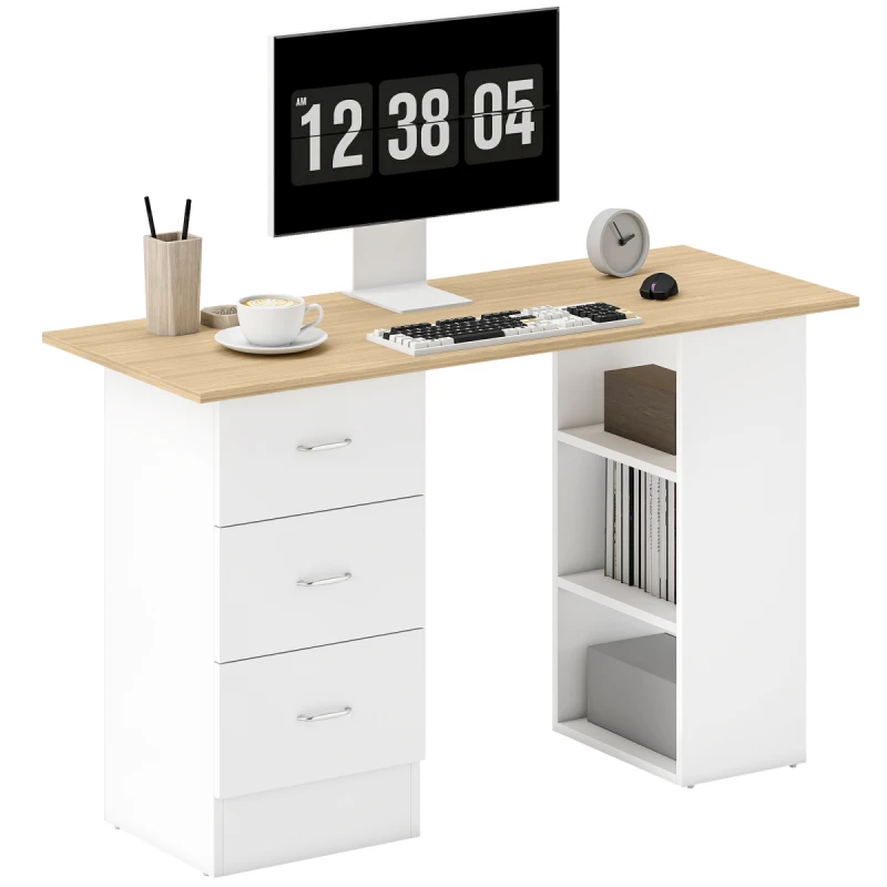 Image of HOMCOM HOMCOM 120cm Computer Desk Writing Table Study Workstation with Shelves and Drawers in Natural Natural 120CM Unisex 5063603046115