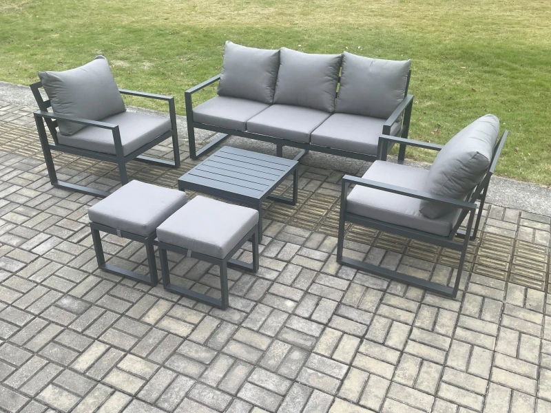 Image of Fimous Aluminium 7 Seater Outdoor Lounge Sofa Set Garden Furniture Sets with Square Coffee Table 2 Chairs 2 Small Footstools Dark Grey Dark Grey Unise