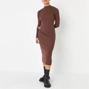Image of Missguided Petite Rib High Neck Knit Midaxi Dress - Brown
