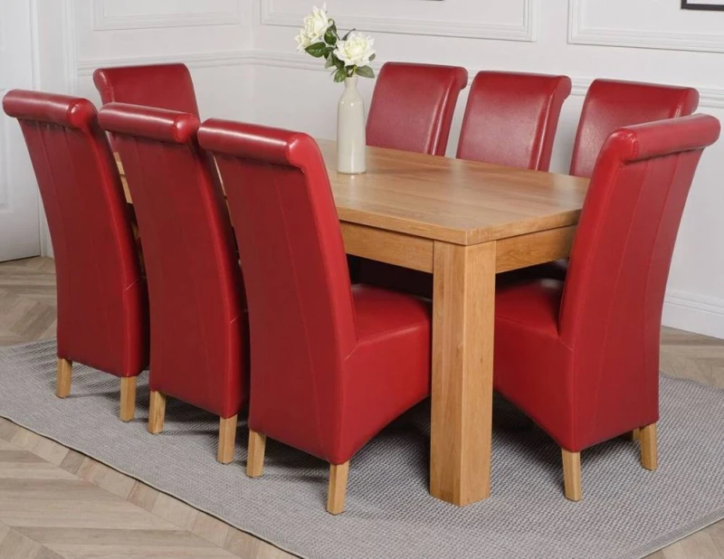 Image of Thats Furniture Dakot 182 x 92cm Oak Large Dining Table & 8 Montana Leather Chairs in Red Size: 182 x 92cm Red Unisex 182 x 92 cm
