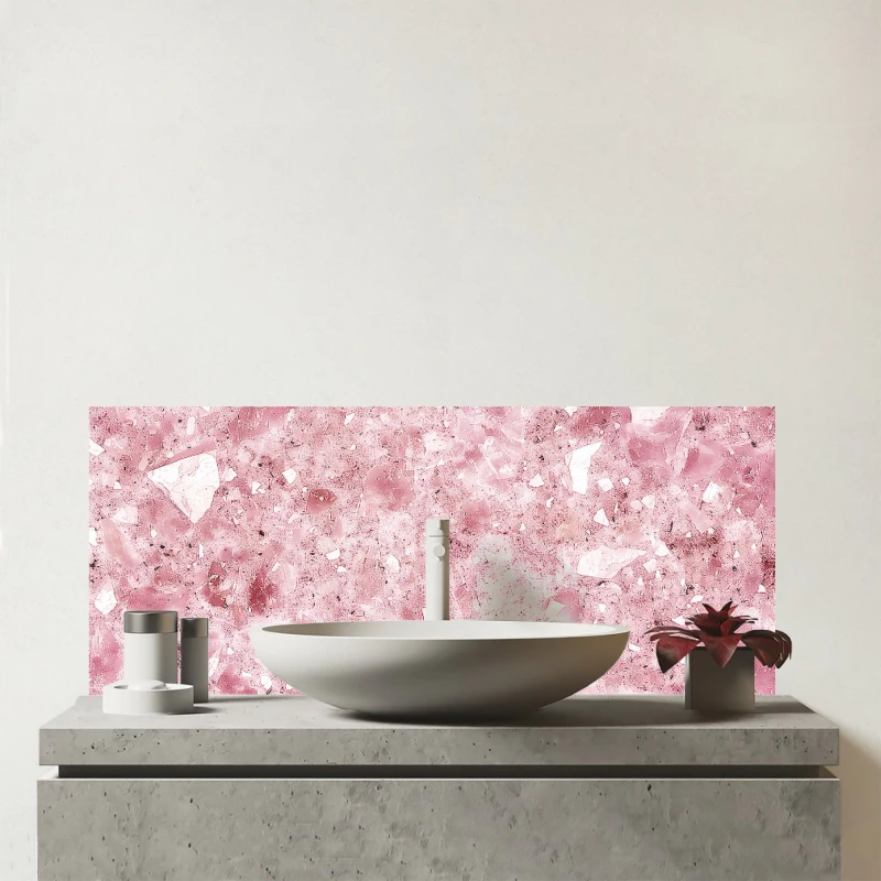 Image of Warren Reed - Designer Pink Quartz Effect Glass Bathroom Splashback Pink Unisex