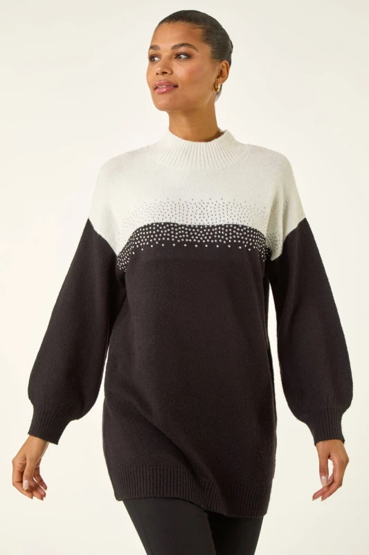 Image of Roman Womens Colourblock Embellished Longline Jumper in Black Size: 16 Black Female 16