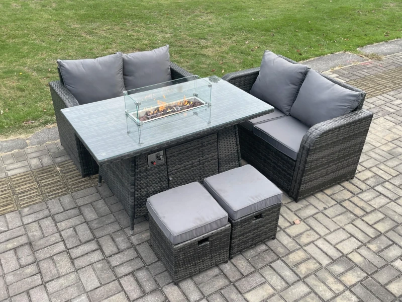 Image of Fimous 6 Seater Rattan Outdoor Garden Furniture Sofa Set Gas Fire Pit Dining Table Gas Heater with Love Sofa 2 Small Footstool Dark Grey