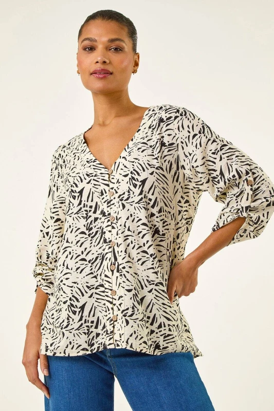 Image of Roman Womens Abstract Print Embellished Button Blouse in Ivory Size: 12 Ivory Female 12