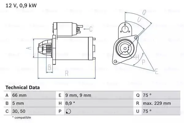 Image of Bosch 0986014350 Starter Motor 1435 12 V 0,9 kW Output BOSCHSTARTER-0986014350