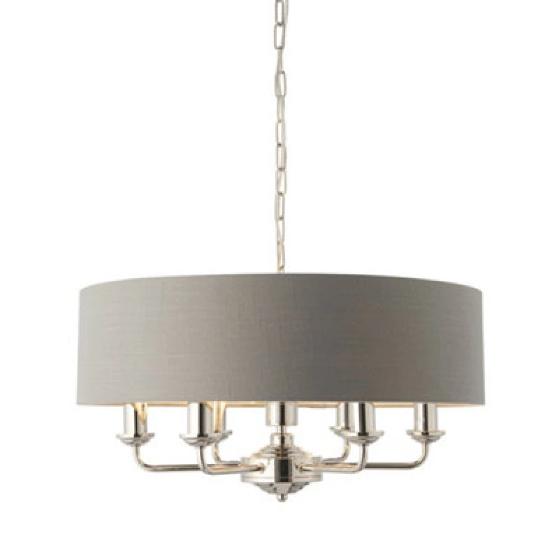 Image of Highclere 6 Lamp Cylindrical Pendant Light Bright Nickel Plate, Charcoal Fabric
