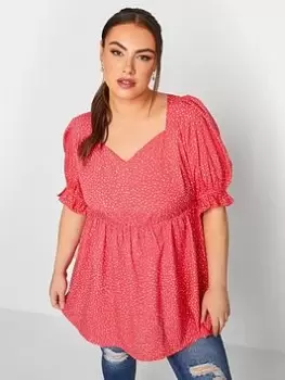 Image of Yours Sweetheart Puff Sleeve Top Coral Spot, Pink, Size 20, Women