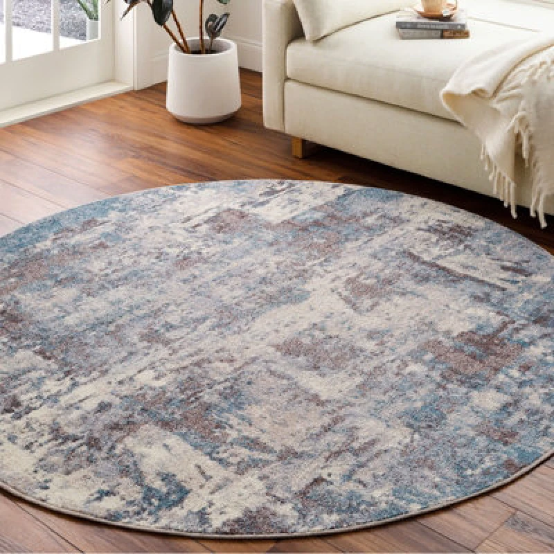 Image of Livabliss Round Abstract Modern Marble Teal Noa Area Rug 200 X 200 Cm - Easy Care, Non Shedding, Ideal For Living Room & Bedroom