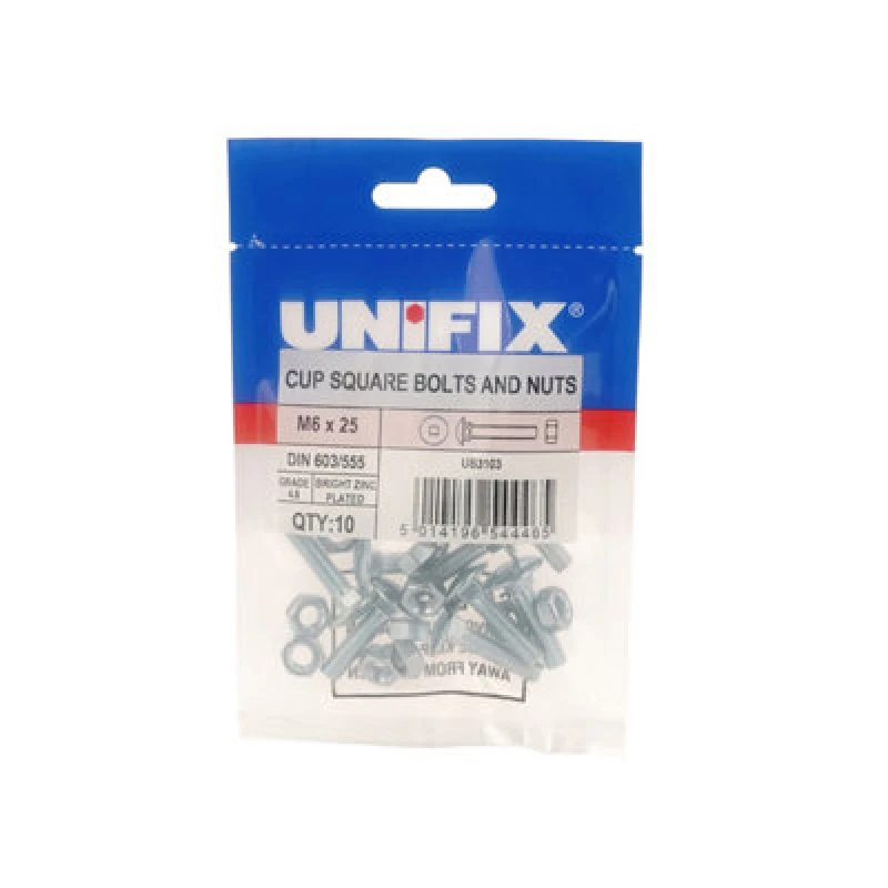 Image of Unifix Grade 4.8 Cup Square Hex Bolts And Nuts - M6 X 65 - Ub Csxd06 065 -